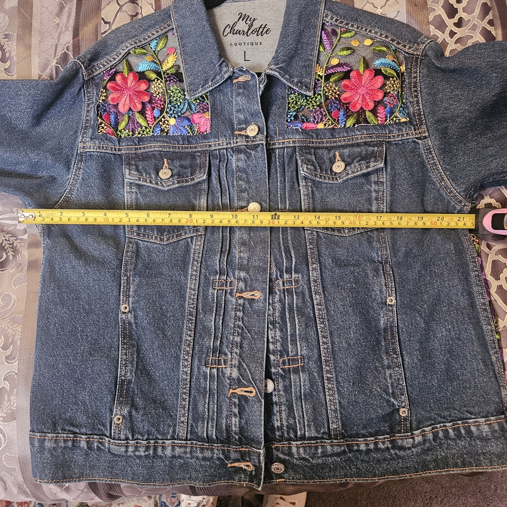 Embroidered Floral Denim Jacket - Blue - Picture 7 of 12